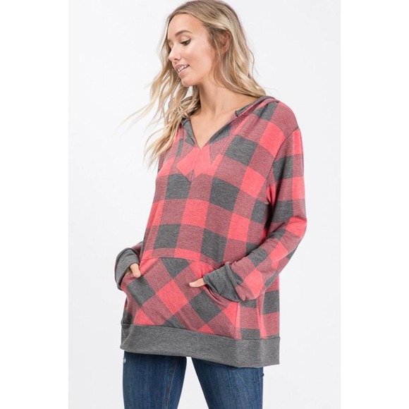 NWT!! Red & Gray Plaid V-Neck Hooded Top - Picture 5 of 9